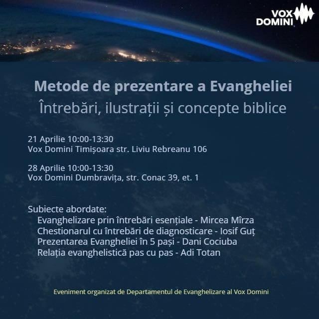 Instruire in evanghelizare la Biserica Baptista Vox Domini din Timisoara